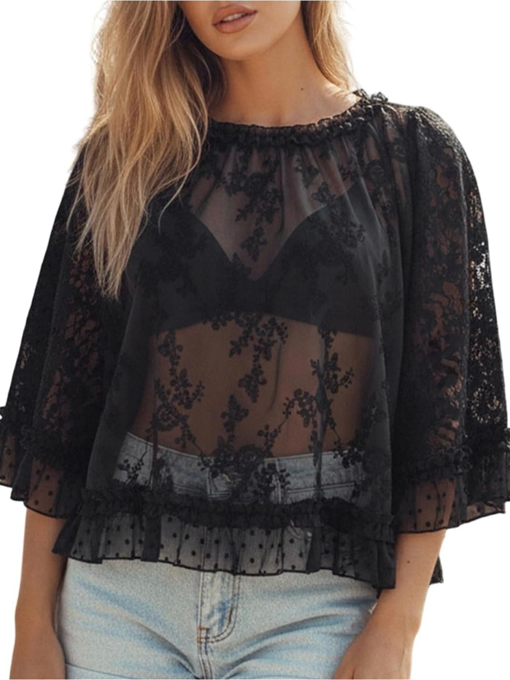 Boho Lace Sheer Poncho Top